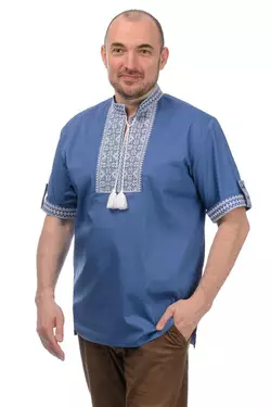 Вишиванка з коротким рукавом чоловіча (блакитна з білою вишивкою)