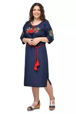 Сукня з яскравою вишивкою Маки (темно-синій)